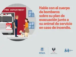 A firefighter converses with a woman and her service dog next to a fire truck, emphasizing the importance of discussing an evacuation plan with the fire department in case of a fire.
