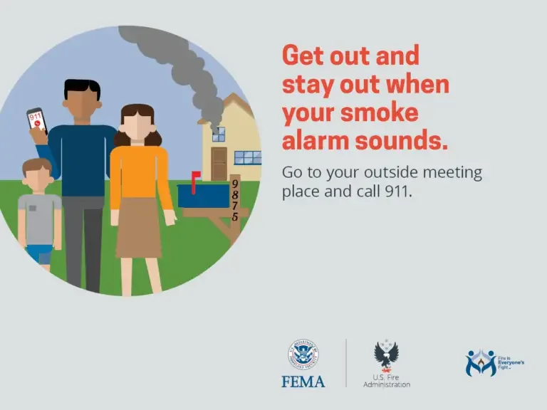 A family follows their emergency plan, evacuating home due to a fire, while the message reminds to "get out and stay out when your smoke alarm sounds. go to your outside meeting place and call 911.
