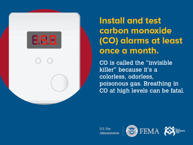 A carbon monoxide alarm with a digital display and buttons. Text urges installing and testing CO alarms monthly, warning CO is colorless, odorless, and toxic. FEMA and U.S. Fire Administration logos are at the bottom.