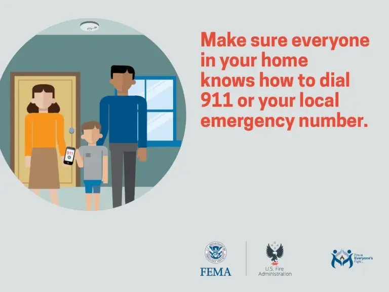 A family stands in their home while a caption emphasizes the importance of knowing how to dial 911 or the local emergency number for assistance.