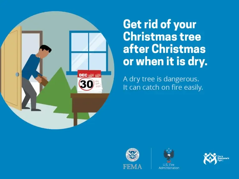 A man carrying a christmas tree out of the house with a reminder to dispose of your christmas tree after christmas or when it becomes dry due to the increased fire risk, accompanied by safety logos from fema and the us fire administration.