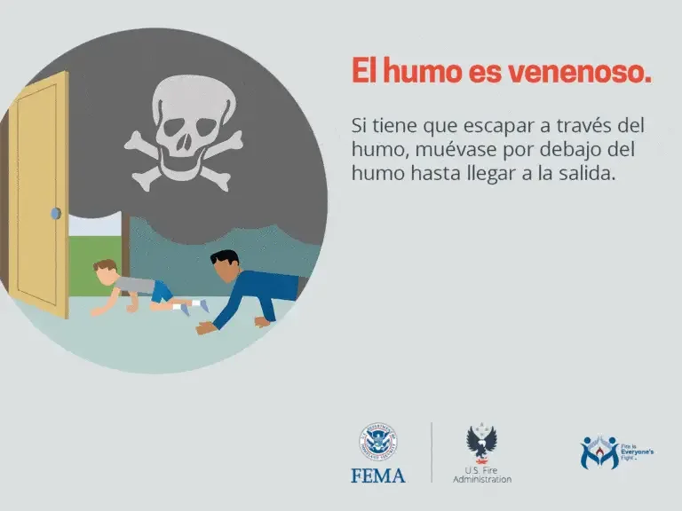 Ilustración de seguridad que muestra a dos personas gateando bajo humo para escapar de una habitación, con un mensaje de advertencia que dice "el humo es venenoso. si tiene que escapar a través del humo, muévase por debajo hasta llegar a la salida." y logos de fema, la us fire administration, y los bomberos.