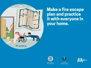 Family members of various ages and abilities actively participate in a fire drill at home, following an escape plan outlined on a map, emphasizing the importance of emergency preparedness for all households.
